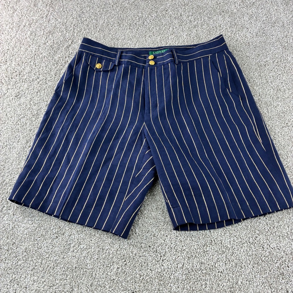 LAUREN‎ Ralph Lauren Shorts Womens Size 10 Blue Gold Pinstripe Gold Button